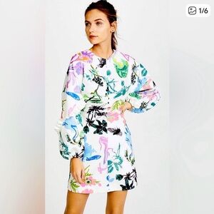 Tibi White Floral Multi-Color Puff Sleeve Mini Dress